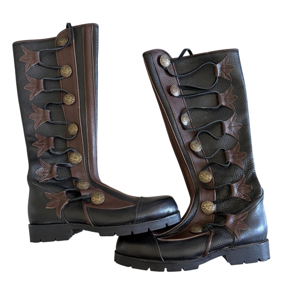 Renboots Tall Leather Renaissance Boots Black Brown Celtic Buttons Womens Size 9